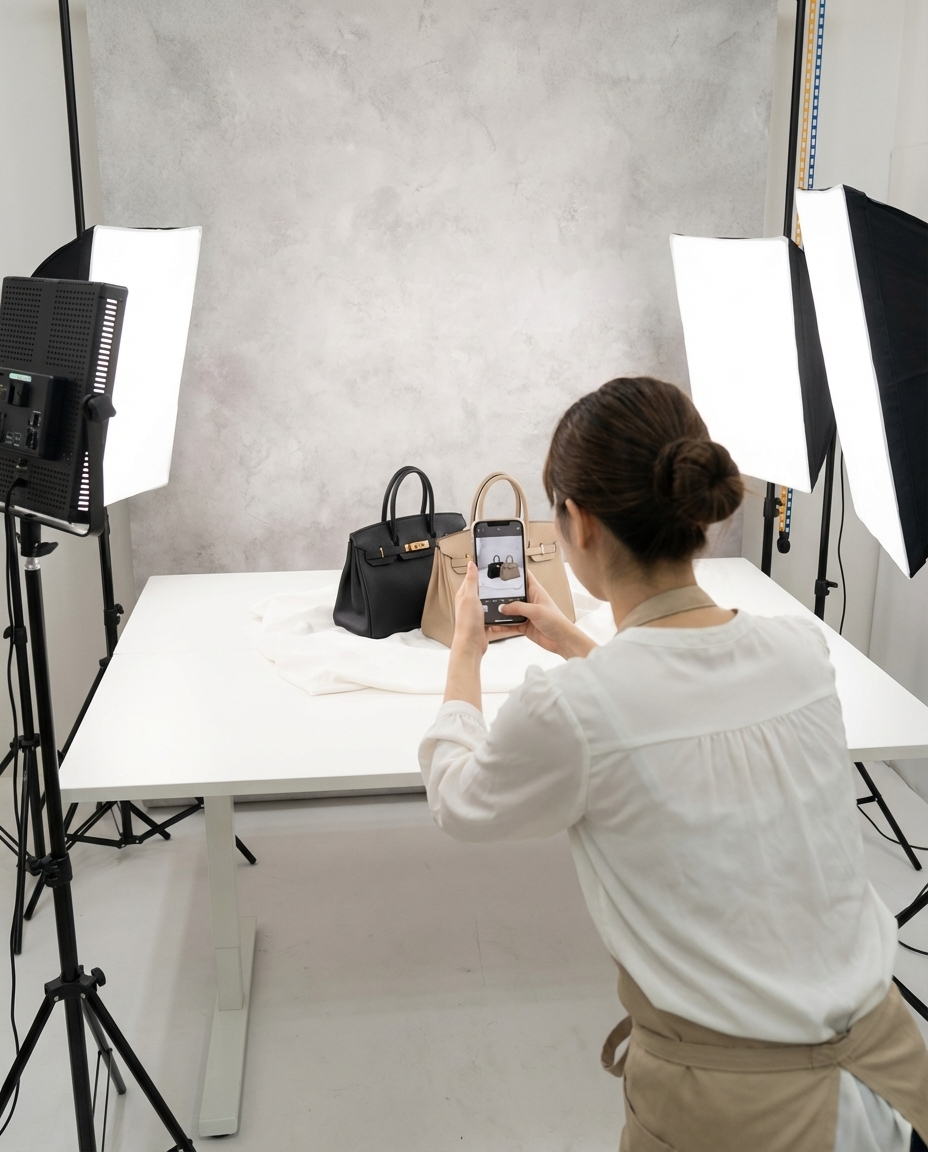 スマホでブランド品を撮影する女性の後ろ姿